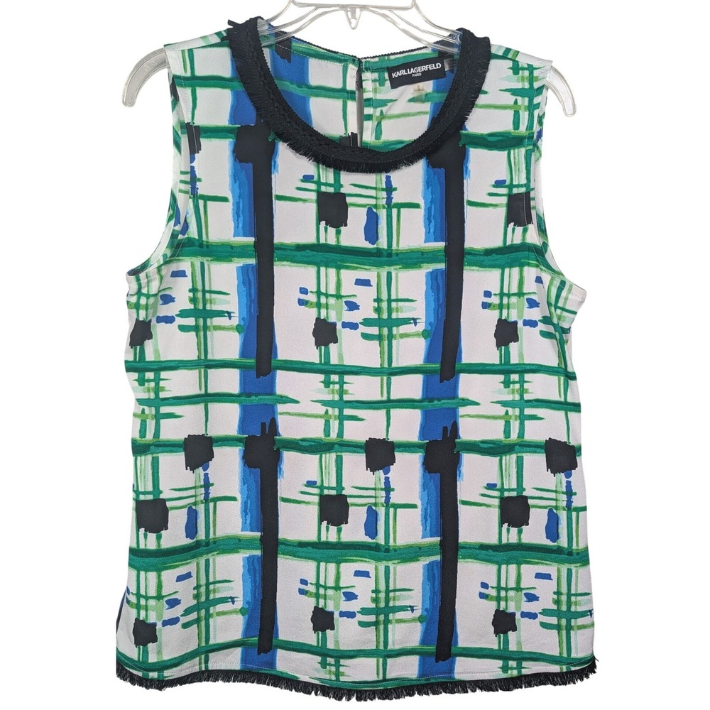 Karl Lagerfeld Paris Sleeveless Blouse Women M White Green Abstract Plaid Fringe